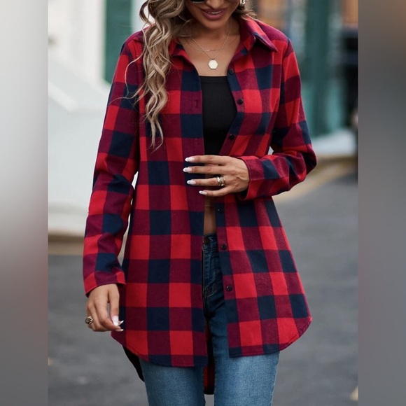 Gingham Print Button Front High Low Hem Shirt - Picture 1 of 11
